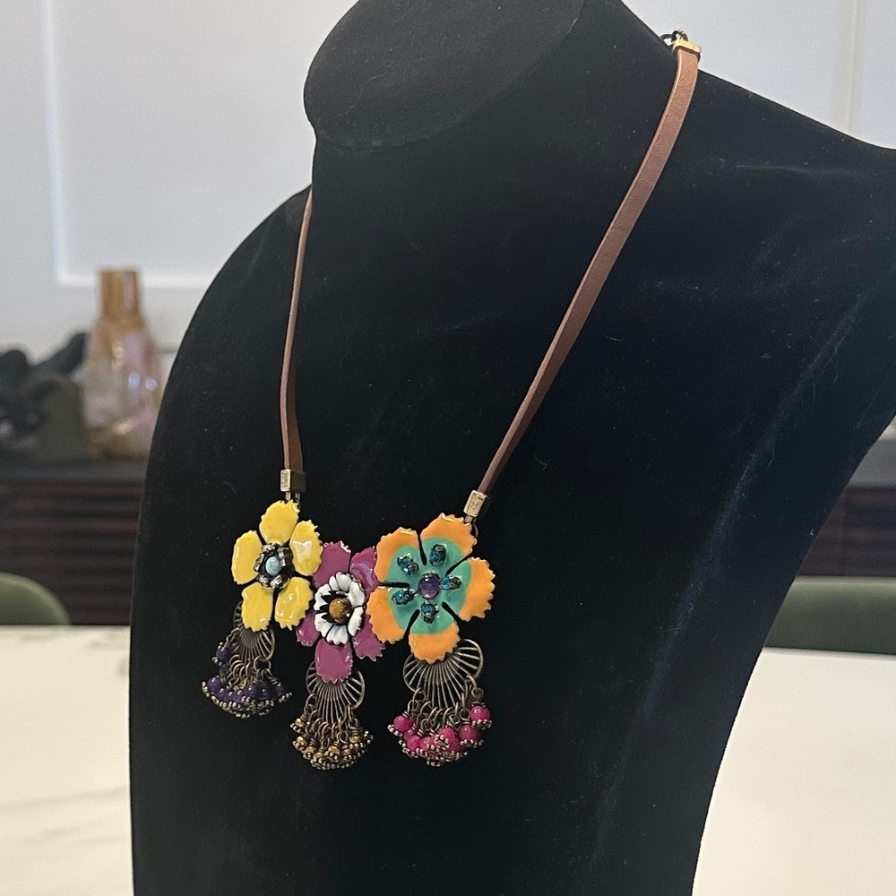 TOVA - Vibrant Boho Floral Enamel Brass Necklace on Brown Leather Cord - 18 in. - Picture 5 of 14